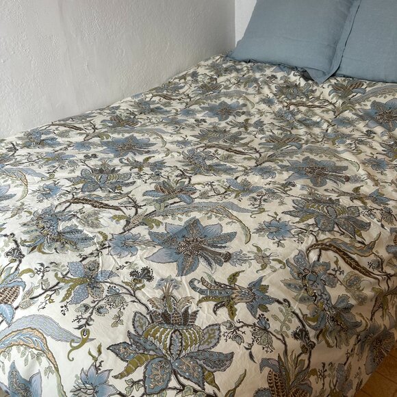 Duvet Cover Queen Size 100% Cotton Blue Cream Gold Floral Reversable - Picture 1 of 8